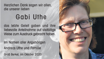 Traueranzeige von Gabi Uthe von Deister- und Weserzeitung