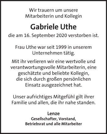 Traueranzeige von Gabriele Uthe von Deister- und Weserzeitung