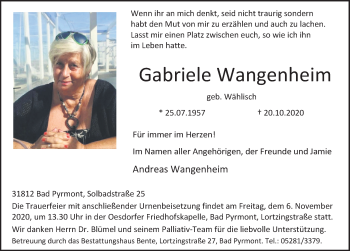 Traueranzeige von Gabriele Wangenheim von Deister- und Weserzeitung