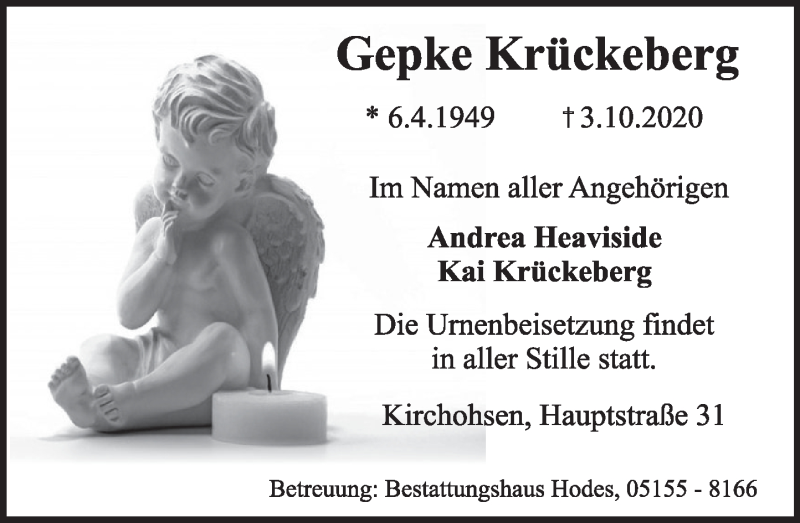  Traueranzeige für Gepke Krückeberg vom 10.10.2020 aus Deister- und Weserzeitung