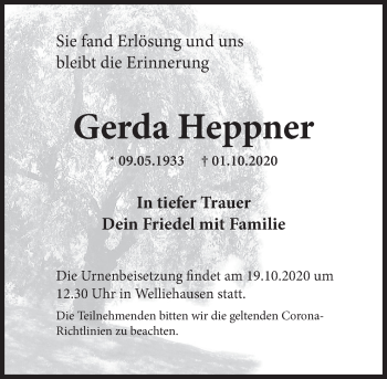 Traueranzeige von Gerda Heppner von Deister- und Weserzeitung