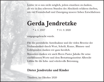 Traueranzeige von Gerda Jendretzke von Deister- und Weserzeitung