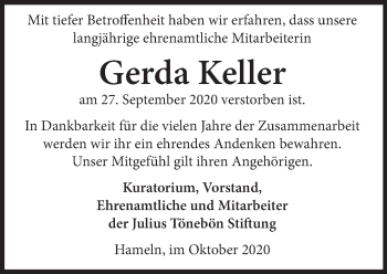 Traueranzeige von Gerda Keller von Deister- und Weserzeitung