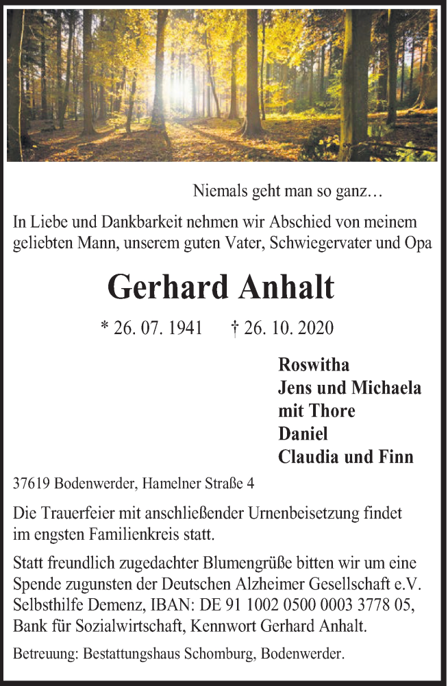  Traueranzeige für Gerhard Anhalt vom 30.10.2020 aus Deister- und Weserzeitung