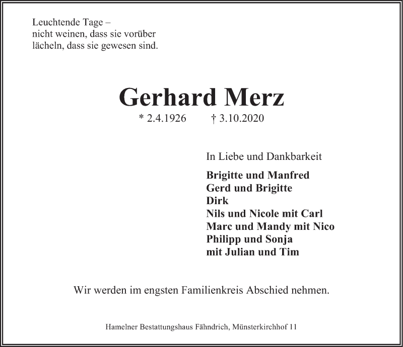  Traueranzeige für Gerhard Merz vom 17.10.2020 aus Deister- und Weserzeitung