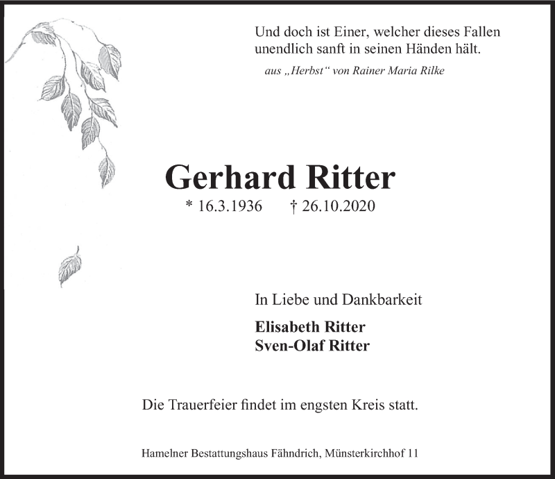  Traueranzeige für Gerhard Ritter vom 30.10.2020 aus Deister- und Weserzeitung