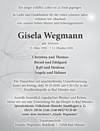 Traueranzeige von Gisela Wegmann von Neue Deister-Zeitung