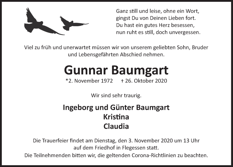  Traueranzeige für Gunnar Baumgart vom 30.10.2020 aus Deister- und Weserzeitung