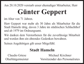 Traueranzeige von Günter Geppert von Deister- und Weserzeitung