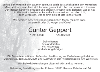 Traueranzeige von Günter Geppert von Deister- und Weserzeitung