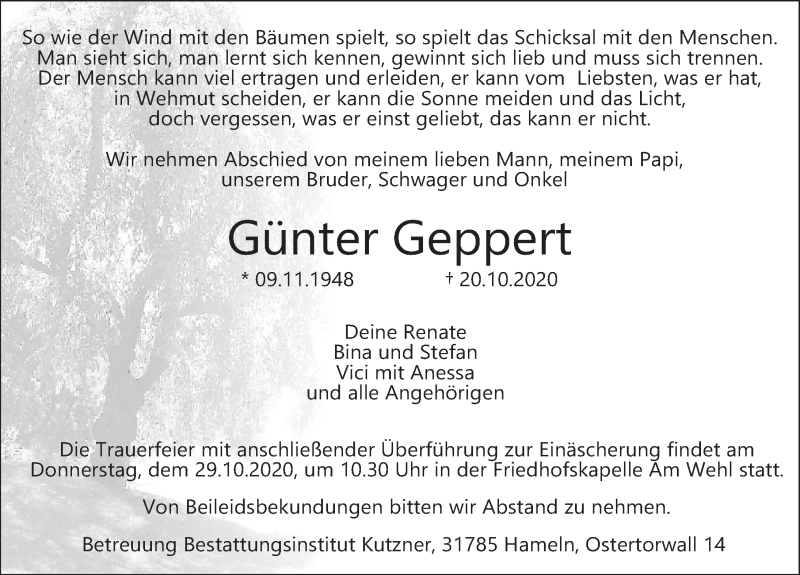  Traueranzeige für Günter Geppert vom 24.10.2020 aus Deister- und Weserzeitung