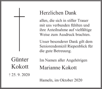 Traueranzeige von Günter Kokott von Deister- und Weserzeitung