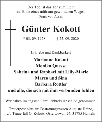 Traueranzeige von Günter Kokott von Deister- und Weserzeitung