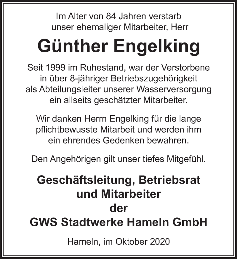  Traueranzeige für Günther Engelking vom 10.10.2020 aus Deister- und Weserzeitung