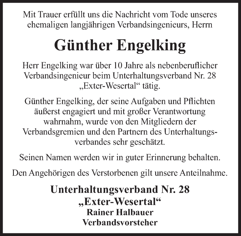  Traueranzeige für Günther Engelking vom 10.10.2020 aus Deister- und Weserzeitung