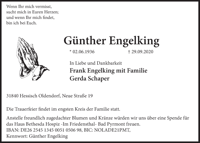  Traueranzeige für Günther Engelking vom 02.10.2020 aus Deister- und Weserzeitung