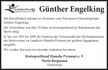 Traueranzeige von Günther Engelking von Deister- und Weserzeitung
