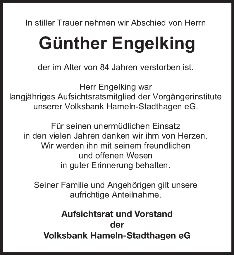  Traueranzeige für Günther Engelking vom 10.10.2020 aus Deister- und Weserzeitung