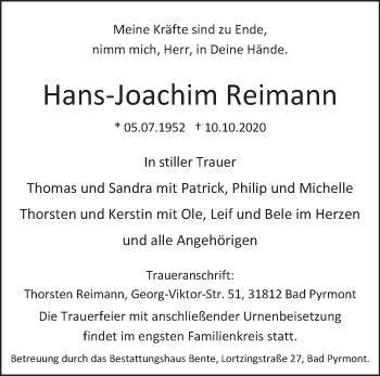 Traueranzeige von Hans-Joachim Reimann von Deister- und Weserzeitung