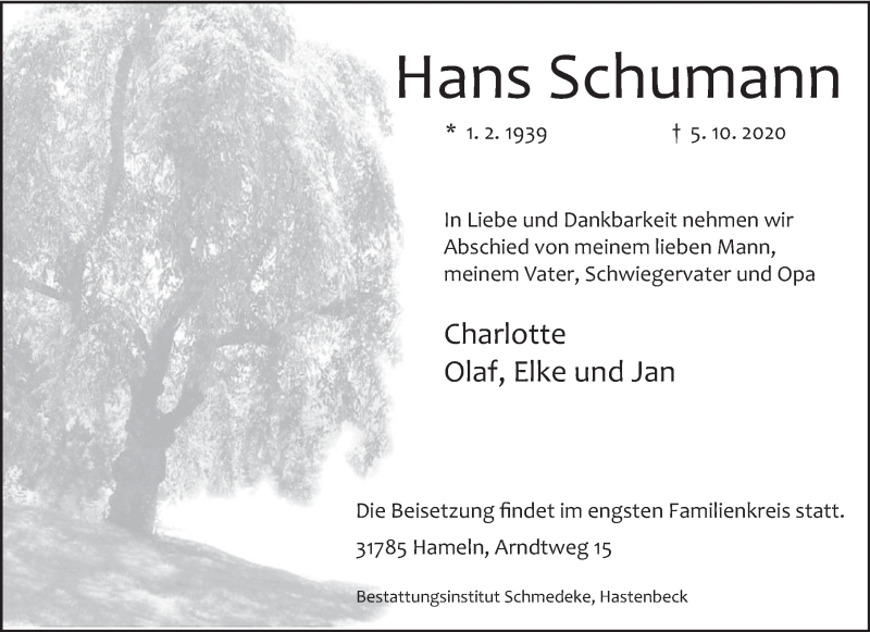  Traueranzeige für Hans Schumann vom 10.10.2020 aus Deister- und Weserzeitung