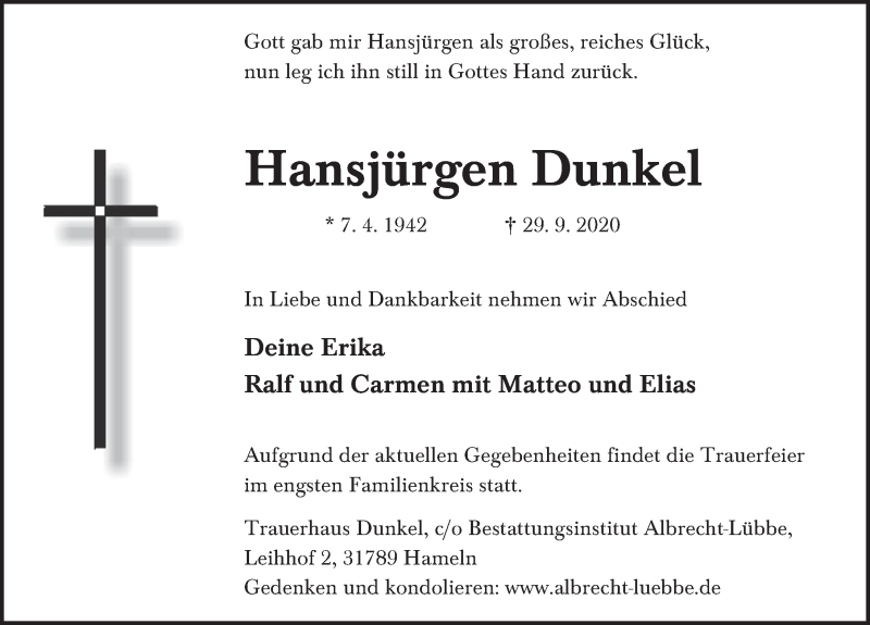  Traueranzeige für Hansjürgen Dunkel vom 02.10.2020 aus Deister- und Weserzeitung