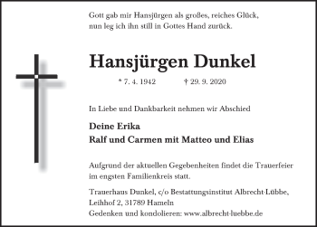 Traueranzeige von Hansjürgen Dunkel von Deister- und Weserzeitung