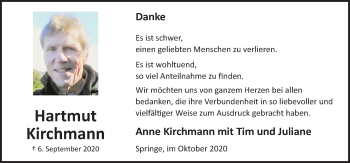 Traueranzeige von Hartmut Kirchmann von Neue Deister-Zeitung