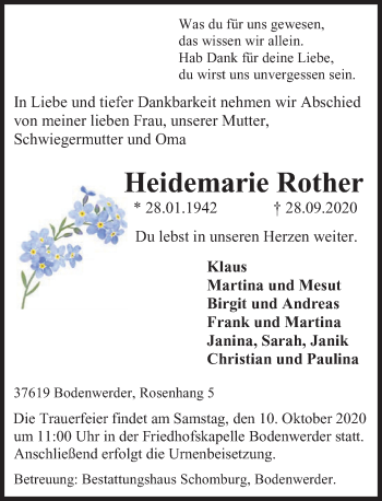 Traueranzeige von Heidemarie Rother von Deister- und Weserzeitung