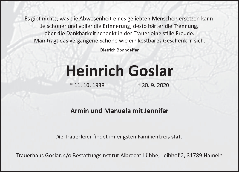  Traueranzeige für Heinrich Goslar vom 10.10.2020 aus Deister- und Weserzeitung