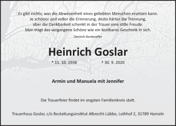 Traueranzeige von Heinrich Goslar von Deister- und Weserzeitung