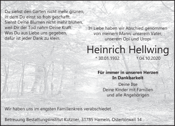 Traueranzeige von Heinrich Hellwing von Deister- und Weserzeitung