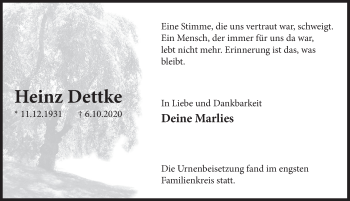 Traueranzeige von Heinz Dettke von Deister- und Weserzeitung