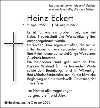 Traueranzeige von Heinz Eckert von Neue Deister-Zeitung