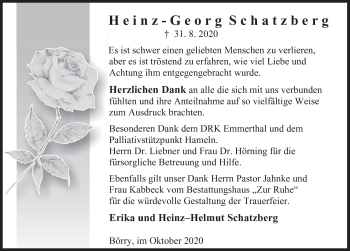 Traueranzeige von Heinz-Georg Schatzberg von Deister- und Weserzeitung