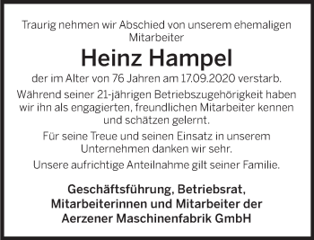 Traueranzeige von Heinz Hampel von Deister- und Weserzeitung