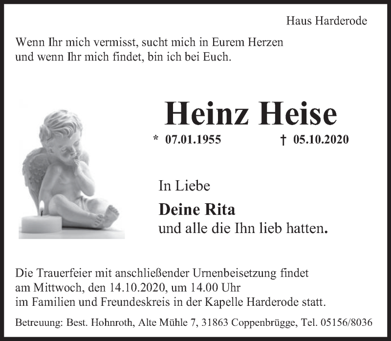  Traueranzeige für Heinz Heise vom 10.10.2020 aus Deister- und Weserzeitung