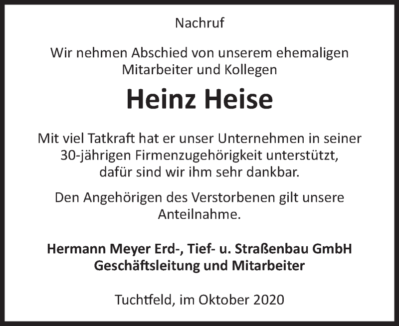  Traueranzeige für Heinz Heise vom 17.10.2020 aus Deister- und Weserzeitung