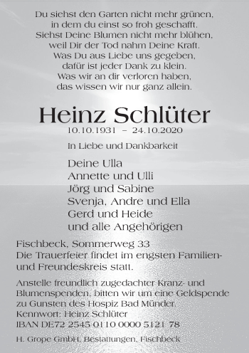 Traueranzeige von Heinz Schlüter von Deister- und Weserzeitung
