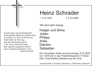 Traueranzeige von Heinz Schrader von Deister- und Weserzeitung