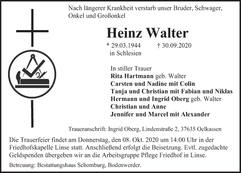  Traueranzeige für Heinz Walter vom 06.10.2020 aus Deister- und Weserzeitung