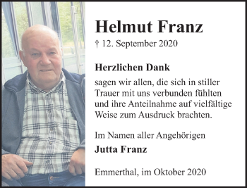 Traueranzeige von Helmut Franz von Deister- und Weserzeitung