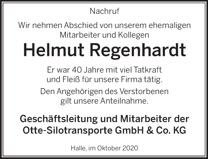  Traueranzeige für Helmut Regenhardt vom 10.10.2020 aus Deister- und Weserzeitung