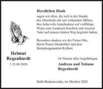 Traueranzeige von Helmut Regenhardt von Deister- und Weserzeitung