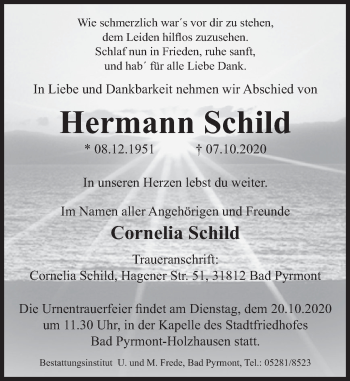 Traueranzeige von Hermann Schild von Deister- und Weserzeitung