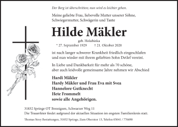 Traueranzeige von Hilde Mäkler von Neue Deister-Zeitung
