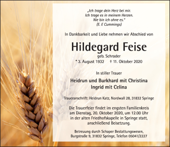 Traueranzeige von Hildegard Feise von Neue Deister-Zeitung