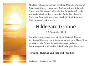 Traueranzeige von Hildegard Grohne von Deister- und Weserzeitung