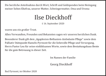 Traueranzeige von Ilse Dieckhoff von Deister- und Weserzeitung