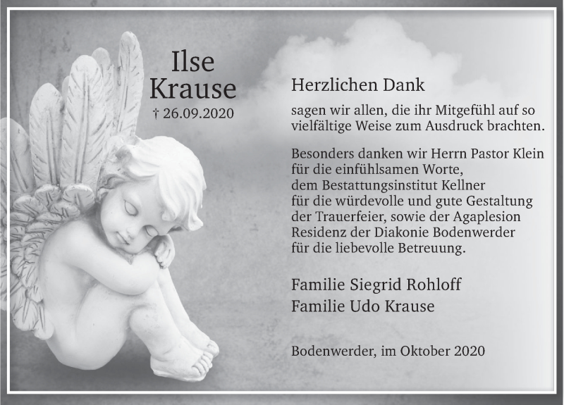  Traueranzeige für Ilse Krause vom 17.10.2020 aus Deister- und Weserzeitung
