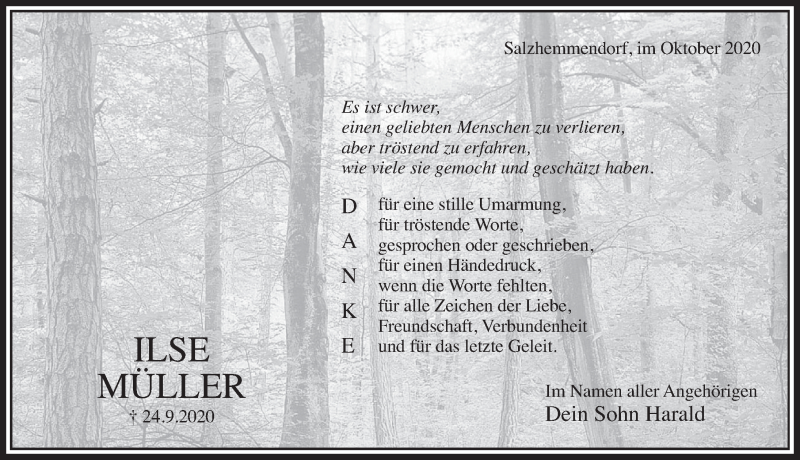  Traueranzeige für Ilse Müller vom 17.10.2020 aus Deister- und Weserzeitung
